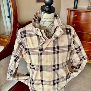 Ski Jacket by Burton-plaid in Cream, Pink & Brown, genuine leather detailing.